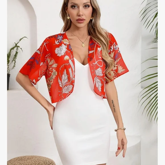 Brand New Red Floral Sheer Bolero Shrug - Picture 4 of 6